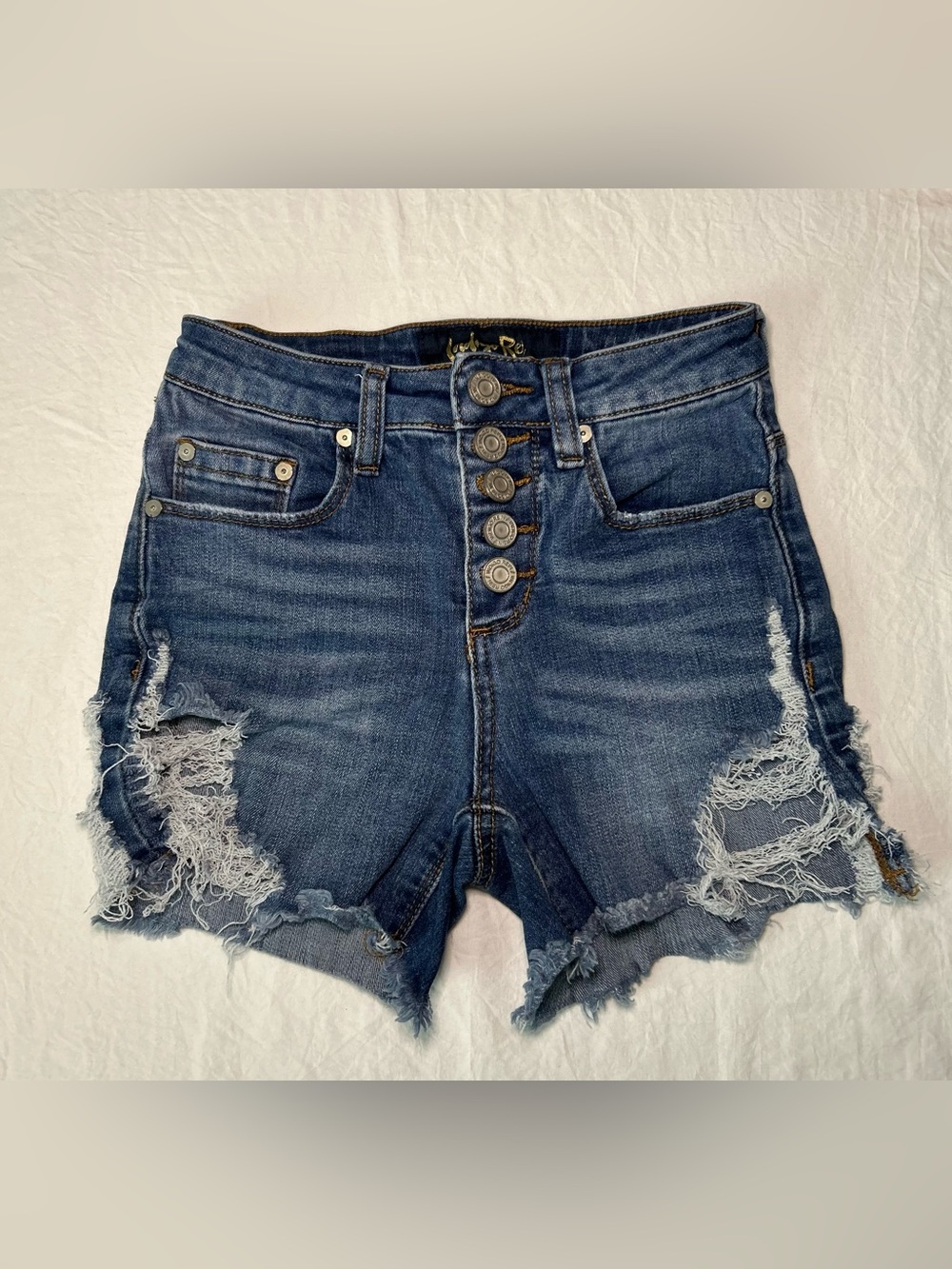 Indigo Rein High Rise Distressed Button Fly Denim Shorts Size 00 / 22